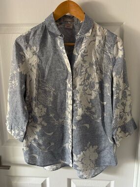 Chico's No-Iron 100% Linen Blue White Floral Botanical Blouse Shirt Size M